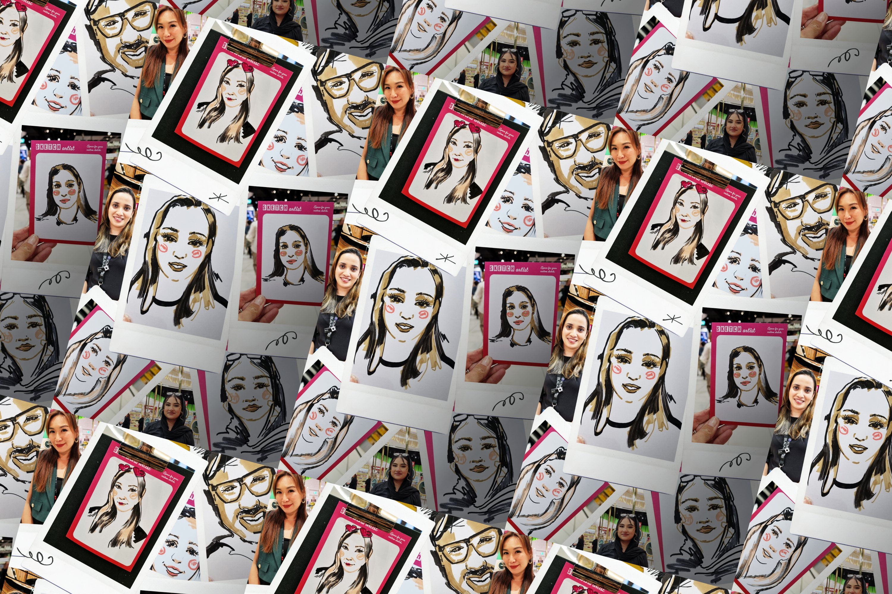 Sketch artist portrait cards held up beside guests' photos at the World Duty Free live sketch activation